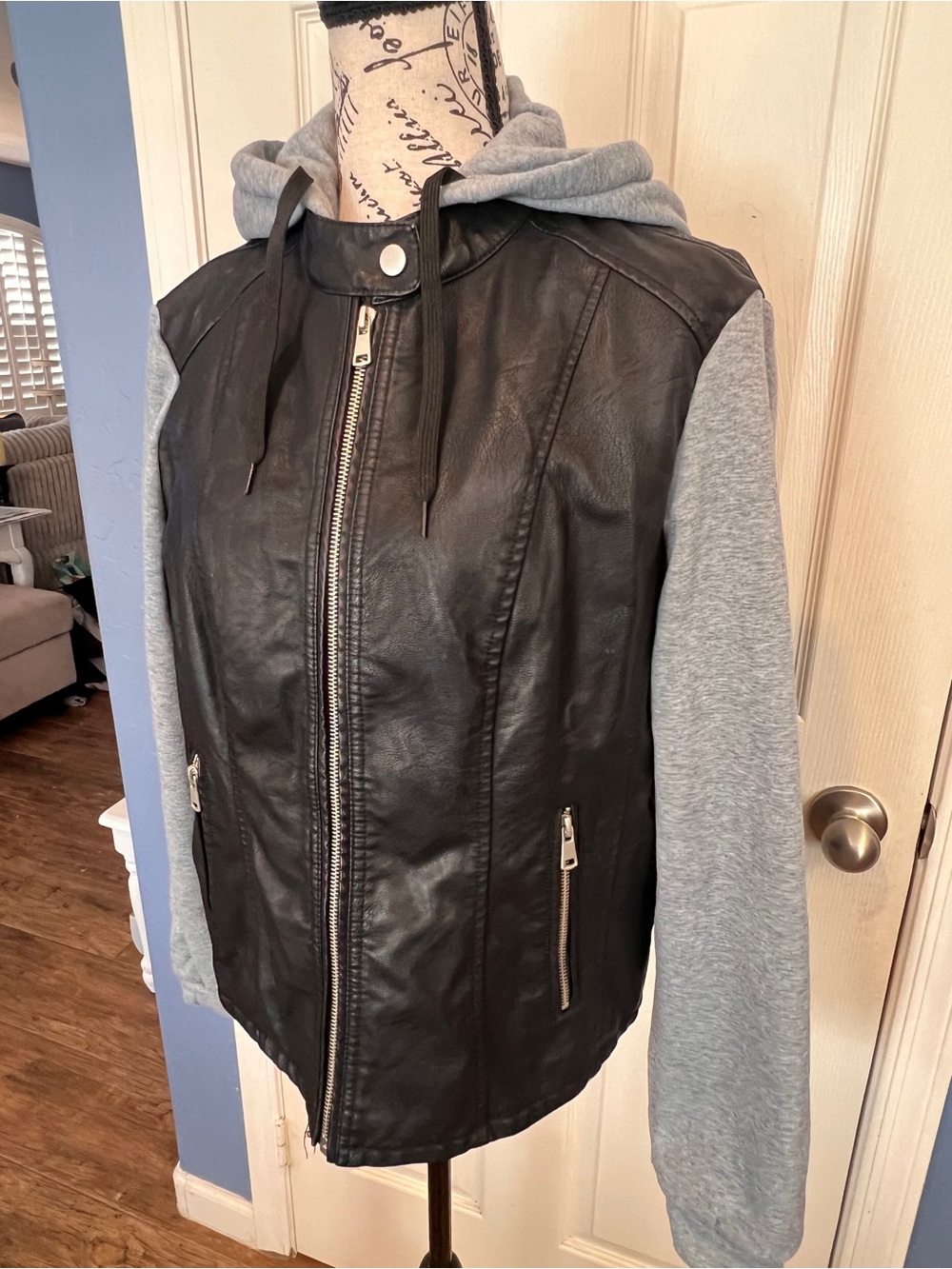 Black Faux Leather moto Jacket with Gray Hooded Sleeves